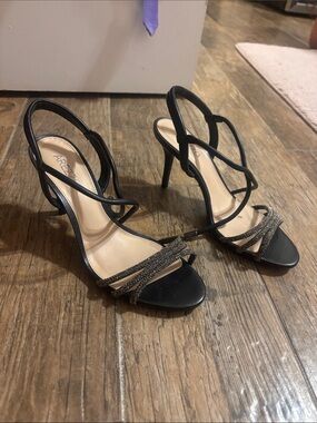 AREZZO Black Strappy Stiletto Sandals with Crystal Accent